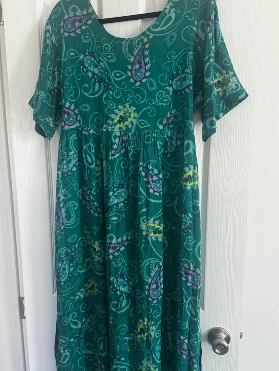 Vintage 90s Diane Von Furstenberg Teal Green Paisley Tie Back Dress S/M - Picture 1 of 6